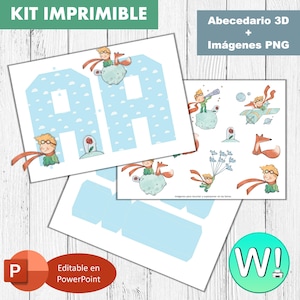 Puede incluir: Kit imprimible con el texto "KIT IMPRIMIBLE" y "Abecedario 3D + Imágenes PNG". El diseño incluye ilustraciones de un personaje con un zorro, una rosa y la letra "A" en un patrón de cielo azul. Incluye archivos de PowerPoint editables.