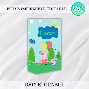 Puede incluir: Una bolsa de regalo imprimible y editable con Peppa Pig y George Pig. La bolsa es azul y verde con un sol, globos y árboles. El texto "Nombre" está en la bolsa.