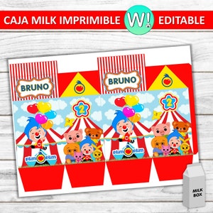 Puede incluir: Plantilla de caja de leche imprimible con temática de circo con un personaje de payaso llamado Bruno. La caja está decorada con rayas rojas y blancas, una carpa de circo azul y blanca y una variedad de animales de dibujos animados. El texto "BRUNO" aparece dos veces en la caja.