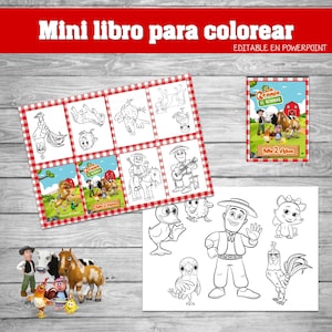 May include: A set of colouring pages and a mini colouring book with the text "Mini libro para colorear". The pages feature farm animals and characters, with a red and white checked border.