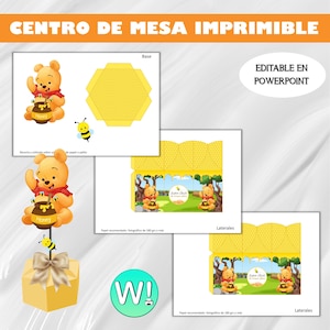Puede incluir: Centros de mesa imprimibles de Winnie the Pooh para una fiesta. El centro de mesa es una caja amarilla en forma de panal con un personaje de Winnie the Pooh sosteniendo un tarro de miel. El diseño imprimible incluye una base, dos paneles laterales y una parte superior. El texto "Editable en PowerPoint" está incluido en la imagen.