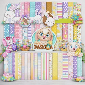 Może przedstawiać: Kolekcja papieru do scrapbookingu i elementów dekoracyjnych o tematyce wielkanocnej. Obraz przedstawia różne wzorzyste papiery w pastelowych kolorach, wycinanki z króliczkami, pisanki i napis "Feliz Pascoa".