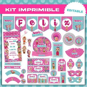Könnte beinhalten: Ein druckbares Party-Set in Rosa und Türkis. Das Set enthält Banner mit dem Wort "Feliz", Etiketten, Cupcake-Formen und dekorative Elemente mit Zeichentrickfiguren. Der Text "KIT IMPRIMIBLE" steht oben.