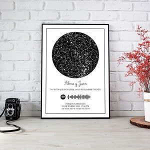 Puede incluir: Una impresión de mapa de estrellas en blanco y negro con los nombres "Alma y Juan" y el texto "No tuve que buscarte, solo fue darte cuenta". Se incluye un código de Spotify con la fecha y la hora "21 de enero 2000, 17:00 PM" y las coordenadas "-34.3745.5476 -58.2370.5527".