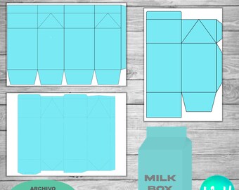 Op de afbeelding: Een printbare sjabloon voor een melkpak. De sjabloon is in blauw en wit en bevat instructies om de doos te maken. De tekst op de sjabloon zegt "MOLDE CAJA MILK" en "ARCHIVO EDITABLE EN POWER POINT". De tekst op de doos zegt "MILK BOX".
