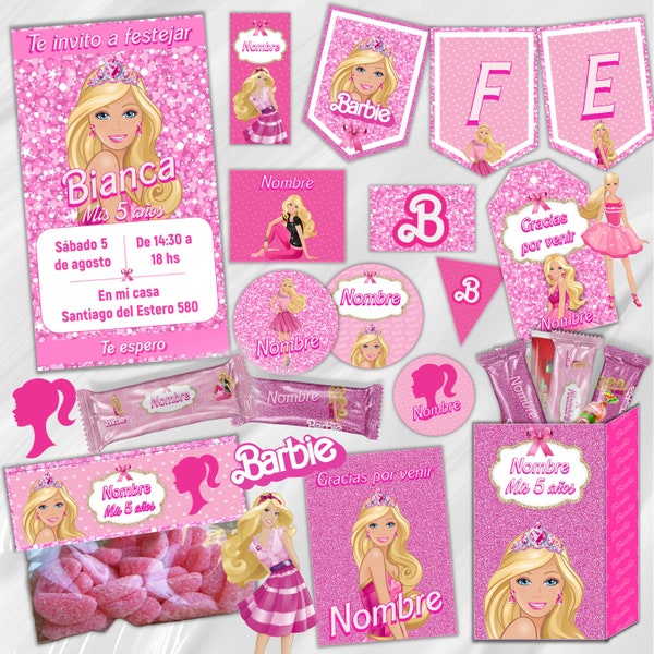 Kit Imprimible Printable Cumpleaños Candy Bar Barbie Rosa Editable