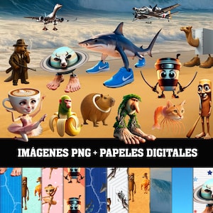 May include: A whimsical digital art composition featuring various anthropomorphic characters on a beach. Includes a shark in sneakers, a coffee cup ballerina, and a bear in a trench coat. The image has the text "IMÁGENES PNG + PAPELES DIGITALES".