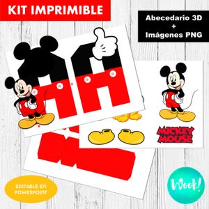 Puede incluir: Un kit de fiesta imprimible con temática de Mickey Mouse. El kit incluye recortes de letras rojas y blancas, ilustraciones de Mickey Mouse, recortes de zapatos amarillos y el texto "Mickey Mouse". También se ve el texto "Kit imprimible" y "Editable en Powerpoint".