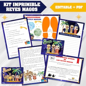 May include: A printable kit titled "REYES MAGOS" with various colorful pages. Includes a letter to the Three Wise Men, a welcome sign, footprint cutouts, and certificates. The kit is designed for children and features illustrations of the Three Wise Men.