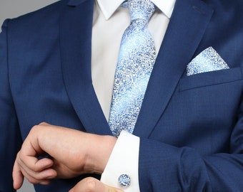 Corbata floral azul, gemelos, cuadrado de bolsillo y clip de corbata hecho a mano juego de corbata de seda de lujo