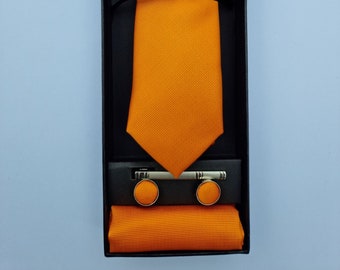 Orange Skinny Tie, Cufflinks, Pocket Square and Tie Clip Handmade Luxury Silk Tie Set