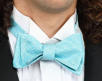 Light Blue With White Damask Self Tie Bow Tie, Cufflinks and Pocket Square Set