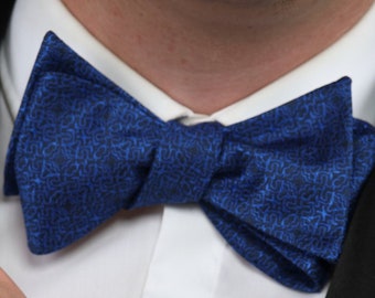 Dark Blue Patterned Self Tie Bow Tie, Pocket Square and Cufflinks Set