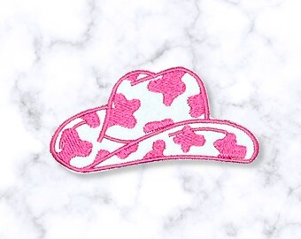 Pink Cowprint Cowgirl Hat Patch: Embroidered Iron-On Applique