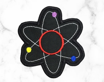 Atom Science Patch: Black Embroidered Iron-On Badge