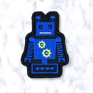 May include: Blue robot embroidered patch with black outline and yellow gears.