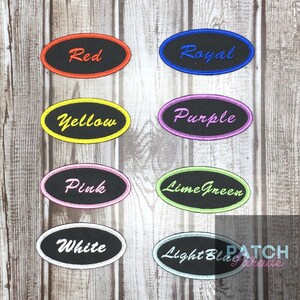 May include: Eight oval-shaped embroidered patches with different colored borders and text. The text on the patches reads: Red, Royal, Yellow, Purple, Pink, Lime Green, White, Light Blue.