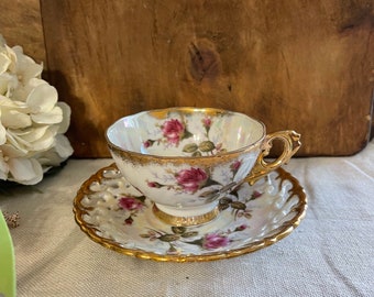 Vintage 1940's Royal Sealy Japan Porcelain Tea Cup and Saucer Hand Painted Raised Coralene 22k Gold Leaves with Pink Roses