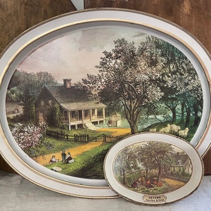Vintage Currier and Ives - The American Homestead Spring & Autumn Wall Tins  // Farmhouse / Cottage / Country / Wall Decor / Prints