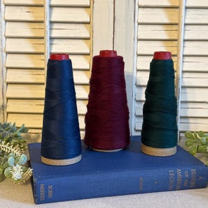 Vintage Industrial Thread Spools Set of 3: Navy, Green, Burgundy Farmhouse Decor