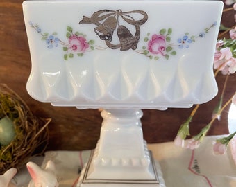 Vintage WestMoreland Milk Glass Compote Dish, Floral Wedding Bell Design