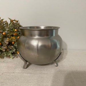 Vintage Brushed Silver Tone Metal Caldron/Pot made in India // Farmhouse / Cottage / French Country / Boho / Halloween Decor
