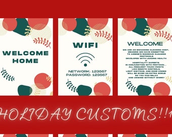 May include: Six colourful signs with white backgrounds and green and red abstract shapes. The signs have text that reads: "Welcome Home", "WIFI Network: 123567 Password: 123567", "Welcome We are an enhanced cleaning host, meaning we have committed to AirBnB's rigorous cleaning protocols developed with leading health hospitality experts. In conjunction with protocol, all frequent touch points like remote controls, light switches, and door knobs will be given an extra scrub so you can relax and unwind without worry", "House Rules No open flames or candles No shoes or pets in the house No events or parties allowed No extra guest allowed to stay over Quiet hours are from 10pm - 7am Relax & have a great stay!!", "Please take a moment to leave us a review ***** We hope you enjoyed your stay!" and "Please Do Not Flush Anything other than toilet paper".
