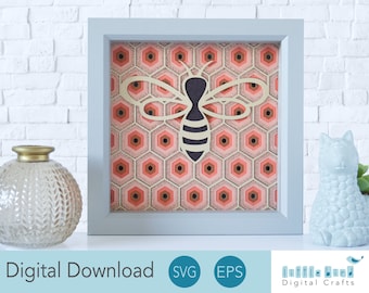 3D Bee Shadow Box SVG, Bee Lover Gift, Layered Shadow Box SVG Cricut, Bee Home Decor SVG, Honeycomb Shadow Box
