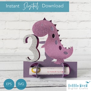 Dinosauro SVG, porta soldi SVG compleanno 3 anni, carta regalo fai da te per la festa dei bambini