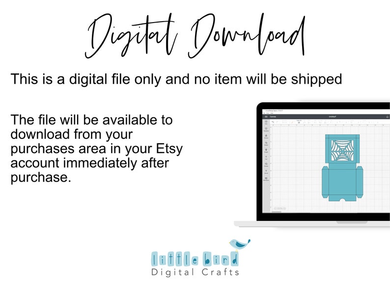 Pu&ograve; includere: Un download digitale per una scatola a forma di ragnatela. L'immagine mostra uno schermo di computer con un design per una scatola in un programma di progettazione. Il testo sullo schermo dice "Download digitale. Questo &egrave; un file digitale e nessun articolo verr&agrave; spedito. Il file sar&agrave; disponibile per il download dalla tua area acquisti di Etsy immediatamente dopo l'acquisto."