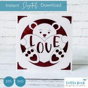 Alla hjärtans dag-kort SVG, nallebjörn SVG, S40 Cricut-insatskort, Cricut Joy Xtra-kompatibel, Rita- och foliedesign.