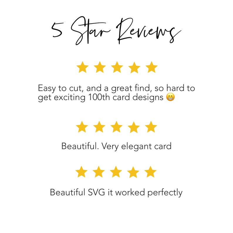 May include: White background with the text "5 Star Reviews" in a handwritten font. Below are three sets of five gold stars, each followed by a customer review. The reviews praise the product's ease of use and elegant design.