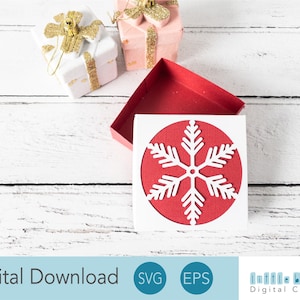 Christmas Gift Box SVG, Square Box Template with Snowflake Design on Lid