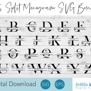 Könnte beinhalten: Ein Satz von 26 geteilten Monogramm-SVG-Dateien zum Basteln. Jeder Buchstabe wird mit einem Namen und einer dekorativen Verzierung gezeigt. Die Buchstaben sind schwarz auf weißem Hintergrund. Der Text "26 Split Monogram SVG Bundle" befindet sich oben im Bild. Der Text "Digital Download SVG EPS" befindet sich unten im Bild.