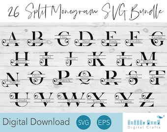 Paquete de letras SVG de monogramas divididos, alfabeto personalizado (descarga digital)