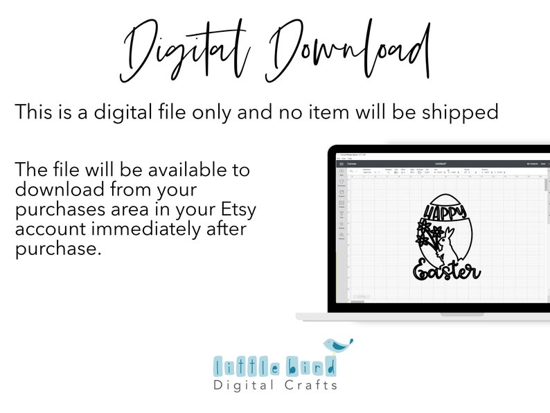 Puede incluir: Una descarga digital de un dise&ntilde;o en blanco y negro para un huevo de Pascua feliz con un conejito dentro. El dise&ntilde;o se muestra en una pantalla de computadora con un fondo de cuadr&iacute;cula.