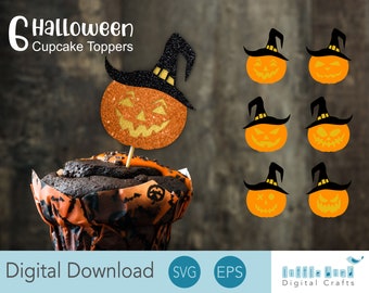 Pacchetto di decorazioni SVG per cupcake di Halloween: cappelli da strega e zucche (download digitale)