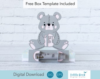 Tarjeta de regalo SVG con diseño de osito de peluche para el primer cumpleaños, caja de regalo (descarga digital)
