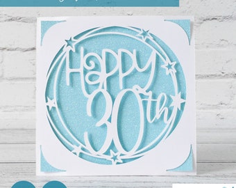 Biglietto di auguri per il 30° compleanno in formato SVG, modello di carta per il 30° compleanno in formato SVG, modello di biglietto da inserire in Cricut S40