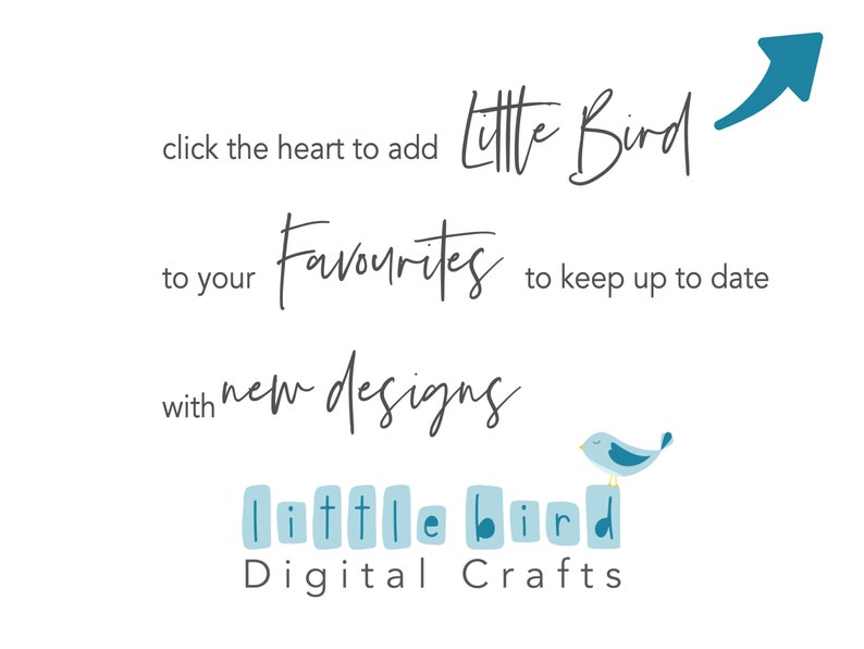 Pu&ograve; includere: Fai clic sul cuore per aggiungere ai tuoi preferiti e rimanere aggiornato sui nuovi design di Little Bird Digital Crafts. Il logo presenta un uccello blu appollaiato su una fila di blocchi blu che compongono la scritta "little bird".