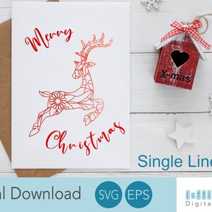 May include: A white Christmas card with a red reindeer design and the words "Merry Christmas." A small red house with "X-mas" on it and snowflakes are also visible. The words "Digital Download" and "Single Line SVG" are also present.