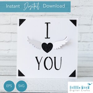 Te amo San Valentín SVG, tarjeta del día de San Valentín con alas emergentes, tarjeta de inserción Cricut s40 compatible, sobre SVG incluido