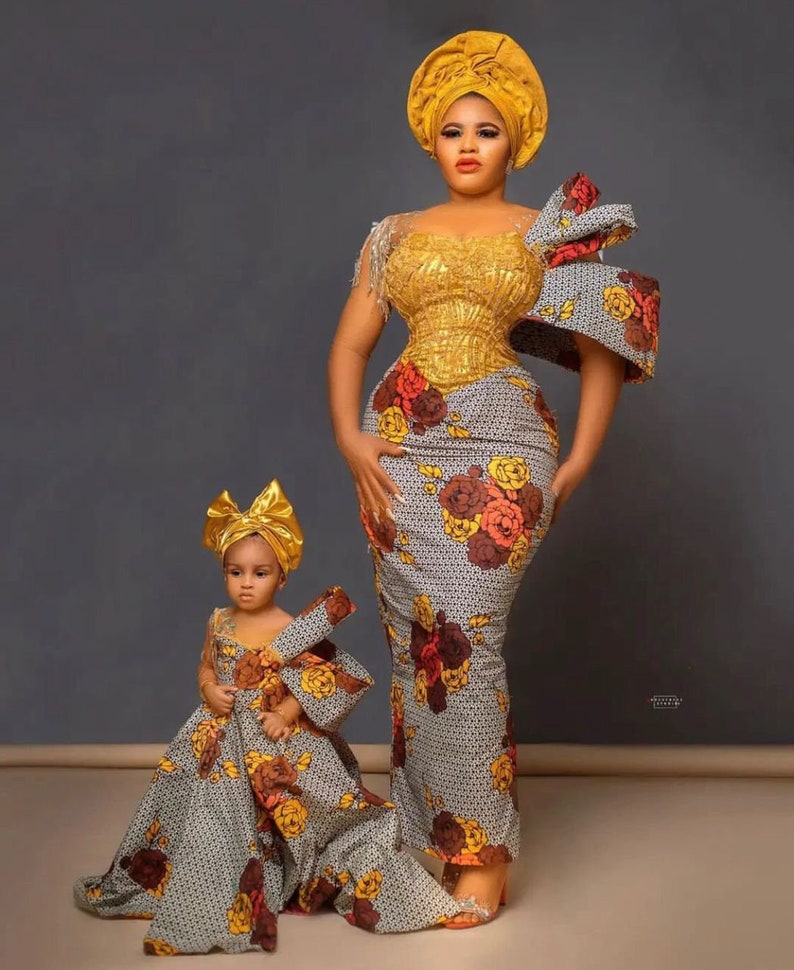 Ankara corset dress, mum and daughter thanksgiving outfit, African mom and daughter, Ankara wedding dress, African women and children dress image 1