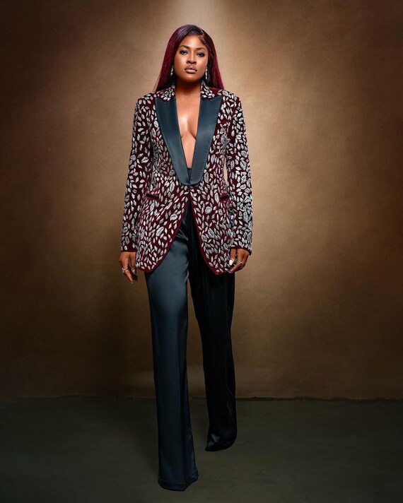 Beaded Velvet Blazer and Wide Leg Pant Suit Set Jacket and Pants