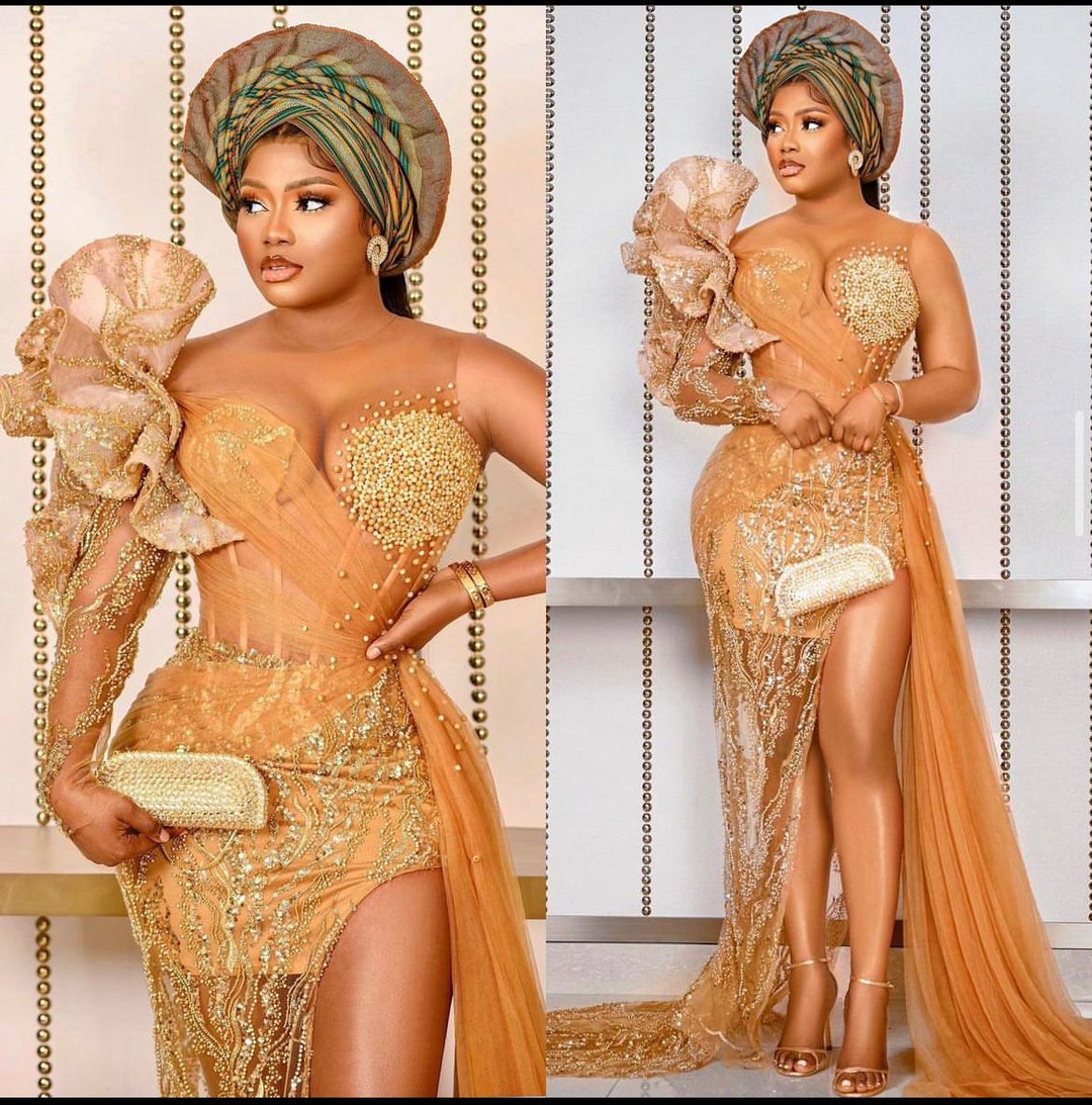 Elegant Gold Lace Mermaid Evening Dress Aso Ebi Style Nigerian Prom Dresses  Long Floor Length African Women Party Gowns Custom