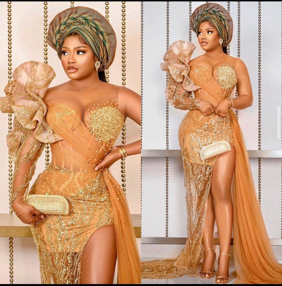 African Gold Aso Ebi Lace Dress, Mermaid High Split Gown, Wedding