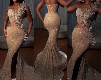 Sparkly Evening Dress With High Slit, Sheer Neck African Wedding Reception Gown, Mermaid Crystal Lace Evening Dresses, Corset Prom Dresses.