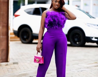 Sexy Off-Shoulder Jumpsuit With Ostrich Feathers, High Waist And Wide Leg Long Pants, Party Wide Leg Jumpsuit  Romper Jumpsuits