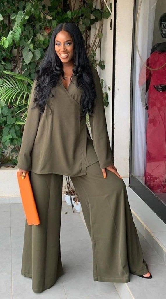Puff Sleeves Shirt With Wide Leg Pants, Two-piece Suit, Palazzo
