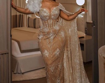 Plus Size Prom Dresses For Women, African Mermaid Dresses, Sequined Feathers Shoulder Evening Dress , Wedding Reception Wear, Party Gowns